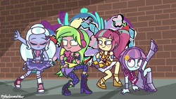 Size: 1600x900 | Tagged: safe, artist:psychodiamondstar, imported from derpibooru, lemon zest, sour sweet, sugarcoat, sunny flare, dance magic, equestria girls, spoiler:eqg specials, converse, dancing, eyes closed, graffiti, group, scene interpretation, shoes, smiling, sneakers, wall