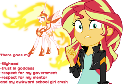 Size: 6080x4160 | Tagged: safe, imported from derpibooru, daybreaker, sunset shimmer, a royal problem, equestria girls, absurd resolution, clothes, jacket, leather jacket, looking at you, mane of fire, scared, simple background, white background