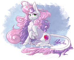 Size: 1280x1036 | Tagged: safe, artist:allyclaw, imported from derpibooru, sweetie belle, classical unicorn, pony, unicorn, chest fluff, commission, cutie mark, female, fluffy, leonine tail, long ears, mare, older, simple background, solo, tail, the cmc's cutie marks, unshorn fetlocks