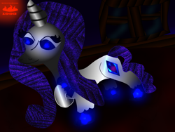 Size: 1600x1200 | Tagged: safe, artist:kingofnightmares, artist:kingway1995, deleted from derpibooru, imported from derpibooru, rarity, oc, oc only, oc:gemstone, pony, alternate hairstyle, alternate universe, carpet, gem, hallway, night, solo, window