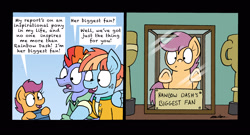 Size: 2456x1323 | Tagged: safe, artist:bobthedalek, imported from derpibooru, bow hothoof, scootaloo, windy whistles, pegasus, pony, parental glideance, 2 panel comic, comic, confused, dialogue, funny, looking at each other, open mouth, rainbow dash's parents, smiling, trophy, underhoof, windyhoof