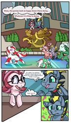 Size: 1105x1920 | Tagged: safe, artist:paintsplatteredponies, imported from derpibooru, oc, oc only, oc:spotlight, pony, the clone that got away, building, comic, diane, glasses, ice rink, ice skating, redesign, statue of prometheus