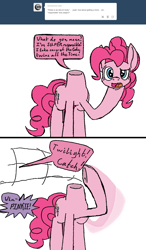 Size: 1097x1878 | Tagged: safe, artist:airship-king, imported from derpibooru, pinkie pie, earth pony, pony, ask, comic, detachable head, dialogue, disembodied head, female, headless, implied twilight sparkle, mare, modular, offscreen character, solo, tumblr