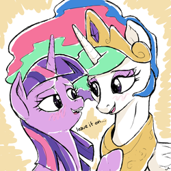 Size: 6750x6750 | Tagged: safe, artist:docwario, imported from derpibooru, princess celestia, twilight sparkle, alicorn, pony, absurd resolution, bust, colored sketch, dialogue, duo, eye contact, female, lesbian, looking at each other, mare, portrait, shipping, smiling, twilestia, twilight sparkle (alicorn)