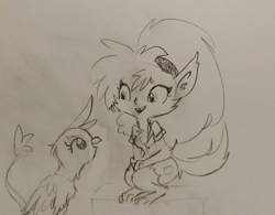 Size: 1280x997 | Tagged: safe, artist:tjpones, imported from derpibooru, gilda, griffon, werewolf, clothes, crossover, cute, gildadorable, grayscale, lineart, monochrome, scooby doo and the ghoul school, traditional art, winnie the werewolf