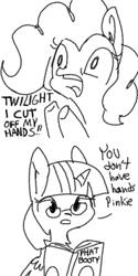 Size: 1280x2560 | Tagged: safe, artist:tjpones, imported from derpibooru, pinkie pie, twilight sparkle, alicorn, earth pony, pony, amputation prank, black and white, book, comic, dialogue, ear fluff, glasses, grayscale, monochrome, panic, reading, reading glasses, simple background, twilight sparkle (alicorn), white background