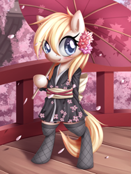 Size: 1289x1710 | Tagged: safe, artist:aryanne, imported from derpibooru, oc, oc only, oc:aryanne, pony, bipedal, blushing, cherry blossoms, clothes, colored pupils, cute, female, flower, flower blossom, flower in hair, kimono (clothing), looking at you, mare, ocbetes, socks, solo, umbrella