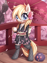 Size: 1289x1710 | Tagged: safe, artist:aryanne, imported from derpibooru, oc, oc only, oc:aryanne, pony, bipedal, clothes, colored pupils, flower, flower in hair, kimono (clothing), socks, solo, umbrella