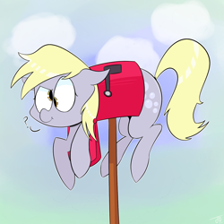 Size: 1280x1280 | Tagged: safe, artist:goldenled, imported from derpibooru, derpy hooves, pegasus, pony, :t, derpy inside a mailbox, female, gradient background, mailbox, mare, question mark, solo, stuck