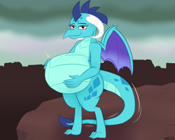 Size: 2000x1600 | Tagged: safe, artist:theimmortalwolf, imported from derpibooru, princess ember, dragon, belly, big belly, dragon lord ember, dragoness, female, hand on belly, mama ember, moma ember, pregnant, smiling, solo, wings