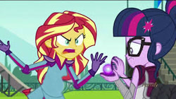 Size: 300x168 | Tagged: safe, edit, edited screencap, imported from derpibooru, screencap, sci-twi, sunset shimmer, twilight sparkle, comic:a new change, equestria girls, friendship games, angry, bad edit, fanfic, picture for breezies, pregnant, pregnant edit, teen pregnancy