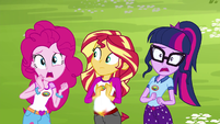 Size: 201x113 | Tagged: safe, edit, edited screencap, imported from derpibooru, screencap, pinkie pie, sci-twi, sunset shimmer, twilight sparkle, comic:a new change, equestria girls, legend of everfree, bad edit, camp everfree outfits, fanfic, picture for breezies, pregnant, pregnant edit, teen pregnancy