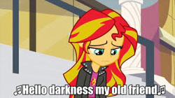 Size: 299x168 | Tagged: safe, edit, edited screencap, imported from derpibooru, screencap, sunset shimmer, equestria girls, rainbow rocks, female, hello darkness my old friend, image macro, meme, solo, text, the sound of silence