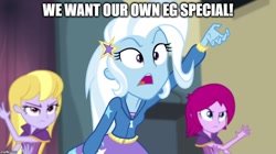 Size: 896x500 | Tagged: safe, edit, edited screencap, imported from derpibooru, screencap, fuchsia blush, lavender lace, trixie, equestria girls, rainbow rocks, image macro, meme, trixie yells at everything, trixie's eqg demands