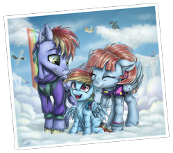 Size: 3773x3337 | Tagged: safe, artist:gaelledragons, imported from derpibooru, bow hothoof, rainbow dash, windy whistles, pegasus, pony, clothes, cloud, cloudsdale, cute, eyes closed, family, father and daughter, female, filly, filly rainbow dash, male, mare, mother and daughter, photo, rainbow dash's parents, rainbow waterfall, stallion, younger