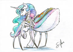 Size: 800x571 | Tagged: safe, artist:silfoe, imported from derpibooru, princess celestia, monster pony, original species, spiderpony, female, fluffy, looking back, simple background, solo, species swap, spiderlestia, traditional art, underhoof, white background