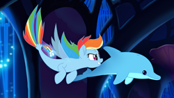 Size: 1136x640 | Tagged: safe, imported from derpibooru, rainbow dash, dolphin, pegasus, seapony (g4), my little pony: the movie, clothes, dorsal fin, female, fin wings, fins, fish tail, flowing mane, flowing tail, glowing, ocean, pink eyes, seaponified, seapony rainbow dash, seaquestria, see-through, smiling, solo, species swap, swimming, tail, teeth, underwater, water, wings