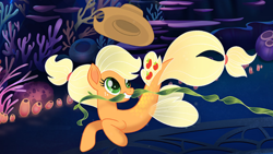 Size: 1136x640 | Tagged: safe, imported from derpibooru, applejack, seapony (g4), my little pony: the movie, applejack's hat, cowboy hat, hat, mouth hold, seaponified, seapony applejack, species swap, underwater