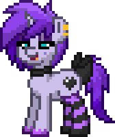 Size: 168x200 | Tagged: safe, imported from derpibooru, oc, oc only, oc:bottom out, pony, unicorn, pony town, bow, choker, clothes, lidded eyes, male, open mouth, pixel art, simple background, smiling, socks, solo, sprite, stallion, striped socks, tail bow, transparent background, trap