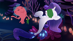 Size: 1136x640 | Tagged: safe, imported from derpibooru, jamal, rarity, octopus, seapony (g4), my little pony: the movie, blue mane, coral, dorsal fin, female, fish tail, flowing mane, flowing tail, horn, ocean, open mouth, seaponified, seapony rarity, seaquestria, seaweed wrap, smiling, solo, species swap, tail, underwater, water