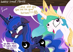 Size: 4823x3445 | Tagged: safe, artist:darkest-lunar-flower, imported from derpibooru, princess celestia, princess luna, alicorn, pony, absurd resolution, angry, blushing, dialogue, ear blush, embarrassed, floppy ears, gritted teeth, open mouth, sillestia, silly, smiling, spread wings, trollestia, wings