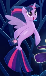 Size: 640x1053 | Tagged: safe, imported from derpibooru, twilight sparkle, alicorn, pony, seapony (g4), my little pony: the movie, clothes, dorsal fin, fin wings, fish tail, horn, looking up, open mouth, purple eyes, seaponified, seapony twilight, seaquestria, see-through, smiling, species swap, tail, throne, twilight sparkle (alicorn), underwater, water, wings