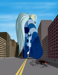 Size: 2550x3300 | Tagged: safe, artist:styroponyworks, imported from derpibooru, oc, oc only, oc:ultramare, earth pony, pony, 3d, belly button, blender, building, butt, car, city, clothes, crushing, female, giant pony, macro, mare, midriff, mixed media, plot, rear view, solo, ultrabutt, underhoof, vehicle, walking