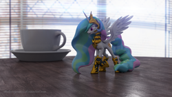 Size: 1920x1080 | Tagged: safe, artist:thelunagames, imported from derpibooru, princess celestia, alicorn, pony, 3d, armor, cinema 4d, cup, female, photorealistic, plate, solo, spread wings, table, teacup, wings