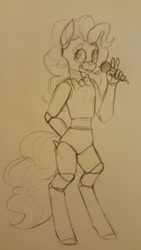 Size: 747x1328 | Tagged: safe, artist:doekitty, imported from derpibooru, pinkie pie, anthro, unguligrade anthro, animatronic pony, bowtie, female, five nights at freddy's, microphone, monochrome, peace sign, pencil drawing, solo, traditional art