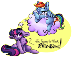 Size: 5046x4009 | Tagged: safe, artist:cutepencilcase, imported from derpibooru, rainbow dash, twilight sparkle, pony, absurd resolution, chest fluff, cloud, simple background, text, thought bubble, transparent background