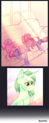 Size: 1024x2570 | Tagged: safe, artist:thenornonthego, imported from derpibooru, oc, oc only, oc:maple blush, oc:shimmer quill, pony, unicorn, couch, female, floppy ears, male, mare, sleeping, smiling, stallion, sunlight, sweat