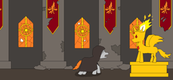 Size: 1109x516 | Tagged: safe, imported from derpibooru, daybreaker, oc, oc only, oc:edward blaze, pony, a royal problem, banner, broken, cathedral, church, gold, ms paint, pillar, priest, ruin, ruins, stained glass, statue, window