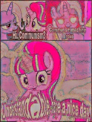 Size: 480x640 | Tagged: safe, imported from derpibooru, starlight glimmer, trixie, pony, unicorn, 8^y, communism, crossing the memes, deep fried meme, exploitable meme, eye contact, faic, female, frown, glimmerposting, glowing eyes, glowing eyes meme, lidded eyes, looking at each other, looking at you, mare, meme, needs more jpeg, open mouth, raised eyebrow, smiling, stalin glimmer, starlight says bravo, understandable have a nice day, wide eyes, 🅱