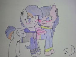 Size: 960x720 | Tagged: safe, imported from derpibooru, oc, oc only, oc:astral ace, oc:sapphire dawn, bat pony, pegasus, pony, blushing, clothes, colored, cute, ear piercing, eyes closed, gauges, hoodie, piercing, shipping, snake bites, traditional art