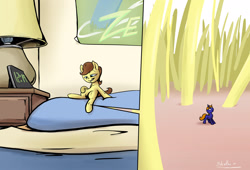 Size: 1920x1309 | Tagged: safe, artist:shieltar, imported from derpibooru, oc, oc only, oc:star bright, oc:tomson, earth pony, pony, unicorn, bed, clock, inside coat, macro, male, micro, microscopic, size difference, tiny, tiny ponies