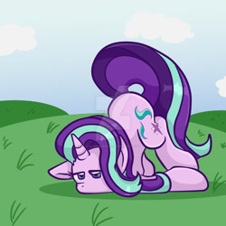Size: 1024x1024 | Tagged: safe, artist:yoshimarsart, imported from derpibooru, starlight glimmer, pony, unicorn, cloud, face down ass up, faceplant, female, lidded eyes, obtrusive watermark, solo, tripping, unamused, watermark