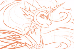 Size: 3000x2000 | Tagged: safe, artist:nightskrill, imported from derpibooru, daybreaker, alicorn, pony, a royal problem, evil grin, female, grin, lineart, looking at you, monochrome, simple background, smiling, solo, white background, wip