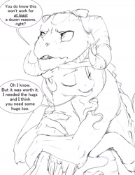 Size: 1280x1656 | Tagged: safe, artist:silfoe, imported from derpibooru, dragon lord torch, princess celestia, alicorn, dragon, pony, royal sketchbook, gauntlet of fire, cute, dialogue, female, giant pony, grayscale, hug, macro, male, mare, monochrome, simple background, sketch, white background