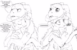 Size: 2560x1656 | Tagged: safe, artist:silfoe, imported from derpibooru, dragon lord torch, princess celestia, alicorn, dragon, pony, royal sketchbook, cute, dialogue, friendshipping, giant pony, grayscale, hug, macro, monochrome
