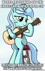 Size: 500x781 | Tagged: safe, artist:gsphere, edit, imported from derpibooru, lyra heartstrings, pony, across the universe, blue background, female, guitar, image macro, john lennon, meme, musical instrument, obligatory pony, simple background, solo, song reference, the beatles
