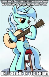 Size: 500x781 | Tagged: safe, artist:gsphere, edit, imported from derpibooru, lyra heartstrings, pony, blue background, female, guitar, image macro, meme, musical instrument, obligatory pony, simple background, solo, song reference, the beatles, yesterday