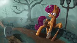 Size: 2560x1440 | Tagged: safe, artist:ailynd, imported from derpibooru, scootaloo, bat, pegasus, pony, bandaid, baseball bat, female, graveyard, mare, open mouth, solo