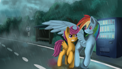 Size: 2560x1440 | Tagged: safe, artist:ailynd, imported from derpibooru, rainbow dash, scootaloo, pegasus, pony, cute, dark, female, japanese, mare, rain, scenery, scootalove, sign, street, tree, vending machine, wing umbrella