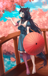 Size: 900x1413 | Tagged: safe, artist:margony, imported from derpibooru, oc, oc only, anthro, unguligrade anthro, unicorn, bridge, clothes, female, mare, petal, river, scenery, solo, umbrella