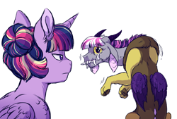 Size: 1280x864 | Tagged: safe, artist:lopoddity, deleted from derpibooru, imported from derpibooru, twilight sparkle, oc, oc:pandora, alicorn, draconequus, hybrid, pony, pandoraverse, big eyes, big teeth, draconequus oc, fangs, floppy ears, hair bun, interspecies offspring, next generation, offspring, older, parent:discord, parent:twilight sparkle, parents:discolight, puberty, simple background, teary eyes, tusk, twilight sparkle (alicorn), white background