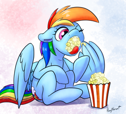 Size: 900x813 | Tagged: safe, artist:ponythroat, edit, imported from derpibooru, rainbow dash, pony, eating, female, food, food baby, open mouth, partially open wings, popcorn, questionable source, sfw edit, solo, stuffing, wing hands, wing hold, wings