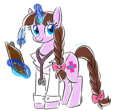 Size: 4056x3647 | Tagged: safe, artist:kaikururu, imported from derpibooru, oc, oc only, pony, absurd resolution, bow, braid, braided tail, clipboard, doctor, hair bow, magic, quill, simple background, solo, stethoscope, tail bow, white background