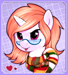 Size: 809x900 | Tagged: safe, artist:kas92, imported from derpibooru, oc, oc only, pony, clothes, glasses, heart, scarf, solo, tongue out