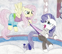 Size: 900x791 | Tagged: safe, artist:wjmmovieman, imported from derpibooru, fluttershy, rarity, pegasus, pony, unicorn, abuse, assisted exposure, checkered underwear, clothes, female, flutterbitch, out of character, pain, panties, panty pull, prank, raribuse, traditional art, underwear, wedgie