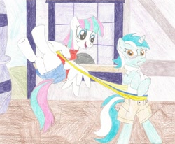 Size: 984x812 | Tagged: safe, artist:wjmmovieman, imported from derpibooru, blossomforth, lyra heartstrings, pegasus, pony, unicorn, clothes, female, panties, shorts, skirt, underwear, wedgie, yellow underwear